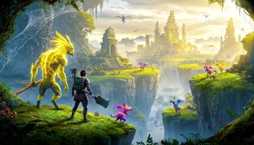 A hyper-realistic, professional photograph-style action shot. A player character, clad in practical survival gear, stands on a lush, green cliffside on the Palpagos Islands, overlooking a vast, sun-drenched landscape of ancient ruins and forests. To their side, a massive, electric-yellow Grizzbolt stands guard, minigun at the ready. In the distance, smaller, colourful Pals roam peacefully. The lighting is dramatic and golden, evoking a sense of adventure and danger. The mood is a mix of awe-inspiring nature and gritty survival.