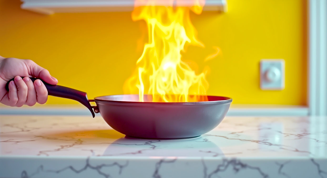 A dramatic, hyper-realistic close-up photograph in the style of a high-end kitchen catalogue. A glowing red-hot cast-iron pan is held just centimetres above a pristine, polished white quartz worktop. You can almost feel the heat radiating from the pan, and a subtle, anxious mood is created by the imminent danger to the flawless surface below. The lighting is sharp and focused, highlighting the texture of the cast iron and the mirror-like reflection on the quartz, emphasizing the potential for damage. The background is softly blurred, keeping the focus entirely on this critical moment of potential thermal shock.