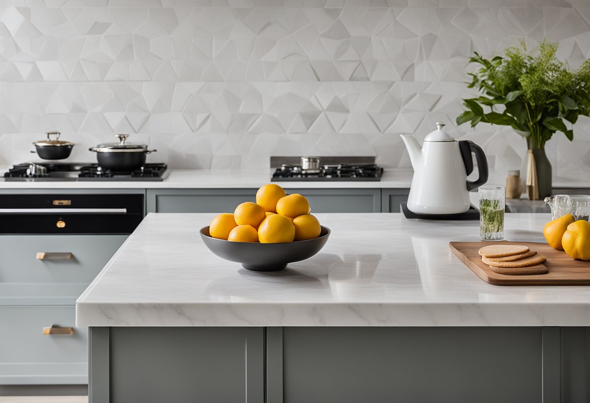 Vibrant trivets in various shapes and materials line a sleek quartz worktop. Each design showcases innovation and functionality