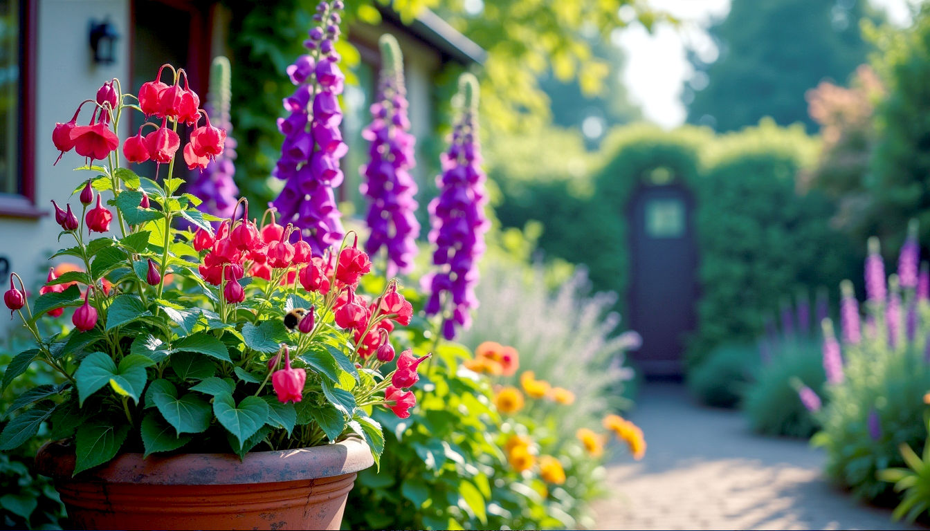 In the foreground, a vibrant hardy Fuchsia 'Mrs Popple' with its red and purple flowers spills elegantly from a weathered terracotta pot. Just behind it, the tall, majestic purple spire of a Foxglove rises, with a bumblebee visiting one of its bell-shaped flowers. In the dappled background, the large, glossy leaves of a Fatsia japonica and the feathery foliage of Bronze Fennel create a rich tapestry of textures. The lighting is soft and golden, as if from a late afternoon sun, evoking a sense of warmth, peace, and timeless English charm.