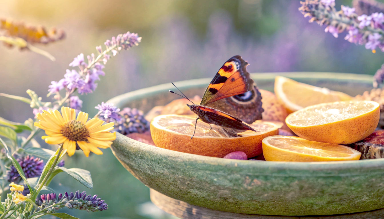 The shot captures a vibrant, sun-drenched British garden in late summer. In the foreground, a Red Admiral and a Peacock butterfly are feeding from a brightly coloured, rustic dish-style butterfly feeder filled with glistening slices of overripe orange. The lighting is soft and golden, highlighting the intricate details of the butterflies' wings. The background is a soft-focus blur of purple lavender and yellow buddleia, conveying a sense of a thriving, pollinator-friendly paradise. The mood is peaceful, natural, and quintessentially British.