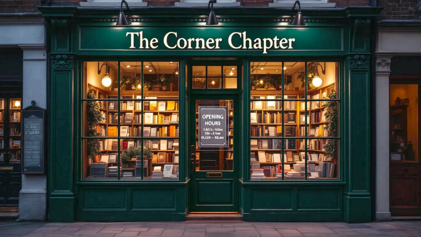 A hyper-realistic, professional photograph of a classic, inviting British bookshop front on a charming high street. The photo is taken from across the cobbled street at a slight angle. The shop, named "The Corner Chapter," has a deep racing green painted facade with gold lettering. A pristine, clear vinyl sign on the glass door displays the opening hours in a simple, elegant white font. The lighting is soft and bright, like a crisp autumn morning, making the shop feel warm and welcoming. The overall mood is one of trustworthiness, tradition, and professional care.