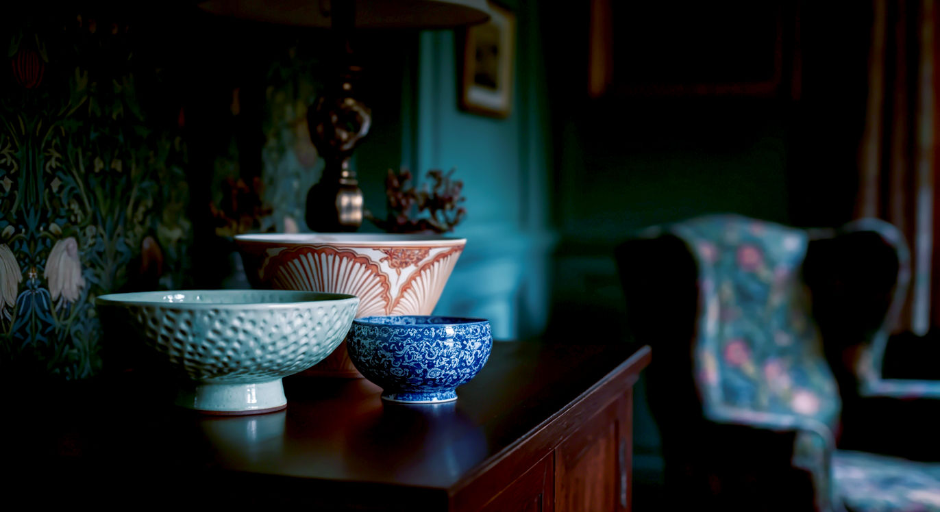 A hyper-realistic photograph in the style of a World of Interiors magazine shoot. A curated collection of decorative bowls is artfully arranged on a dark oak sideboard in a British home. In the centre is a large, vibrant Clarice Cliff Art Deco bowl. To its left, a minimalist, textured stoneware bowl by a contemporary British potter. To its right, a delicate, blue and white Wedgwood porcelain bowl. Soft, natural light from a nearby window illuminates the textures and colours. The background is slightly out of focus, showing a glimpse of a William Morris wallpaper and a cosy armchair. The mood is sophisticated, timeless, and full of character.