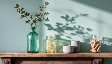 A hyper-realistic, professional photograph in the style of a Country Living magazine feature. The image captures a beautifully styled collection of decorative jars on a rustic, weathered oak mantelpiece. The composition uses the rule of thirds, with a large, antique-green glass demijohn on the left holding a single, elegant branch of dried eucalyptus. In the centre-right, a group of three jars of varying heights: a classic glass Kilner jar filled with warm-white fairy lights, a small ceramic pot in a muted grey, and a medium-sized apothecary jar containing vintage wooden sewing spools.
