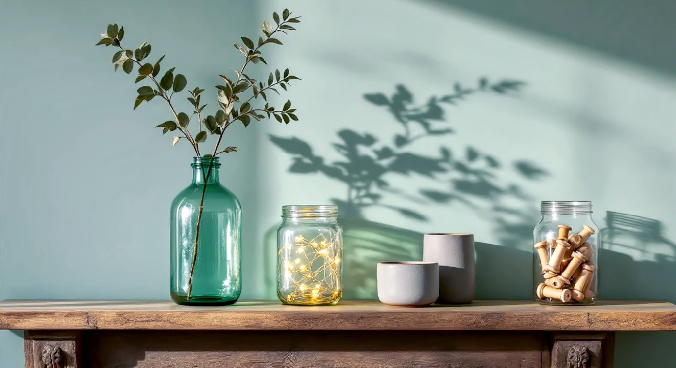A hyper-realistic, professional photograph in the style of a Country Living magazine feature. The image captures a beautifully styled collection of decorative jars on a rustic, weathered oak mantelpiece. The composition uses the rule of thirds, with a large, antique-green glass demijohn on the left holding a single, elegant branch of dried eucalyptus. In the centre-right, a group of three jars of varying heights: a classic glass Kilner jar filled with warm-white fairy lights, a small ceramic pot in a muted grey, and a medium-sized apothecary jar containing vintage wooden sewing spools.