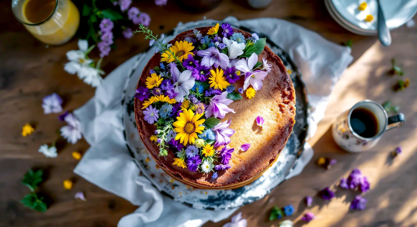 Hyper-realistic professional food photography, shot from a top-down angle over a rustic wooden kitchen table. The focal point is a beautiful, rustic Victoria sponge cake, generously garnished with a vibrant assortment of fresh edible flowers including Viola x wittrockianas, borage, cornflowers, and calendula petals. A few loose petals are artistically scattered on the table beside the cake. The lighting is soft and natural, suggesting it's coming from a nearby window, creating a warm, inviting, and quintessentially British afternoon tea atmosphere. The style should be reminiscent of a high-end cooking magazine like BBC Good Food or Sainsbury's Magazine.