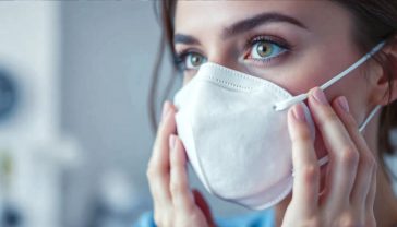 A hyper-realistic, professional photograph in the style of a public health campaign. A British healthcare professional, perhaps a paramedic or a nurse in their late 30s, is carefully demonstrating how to perform a fit check on a white, non-valved FFP3 mask. The background is a clean, slightly out-of-focus clinical setting, like a modern GP surgery. The lighting is soft and bright, creating a sense of clarity, trust, and expertise. The mood is serious but reassuring, emphasising safety and competence. The composition is a close-up on their face and hands, highlighting the detail of the mask and the correct hand placement.