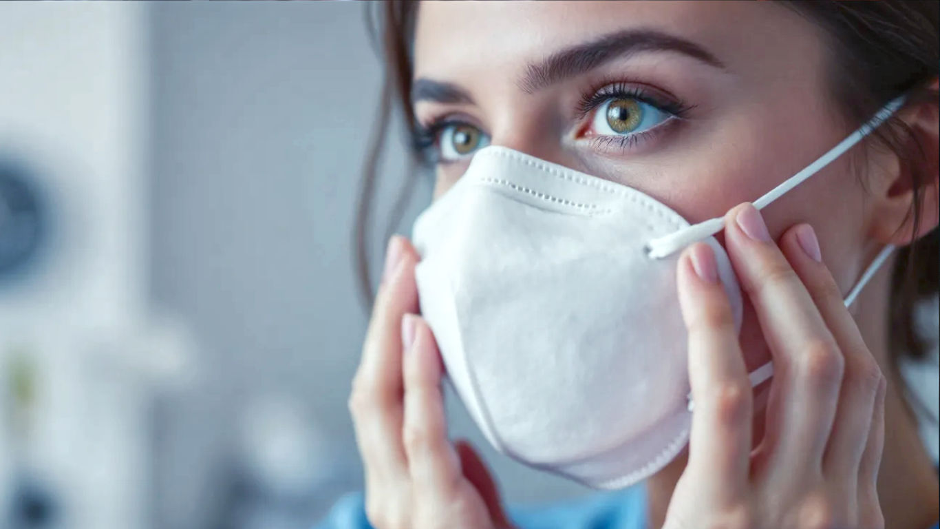 A hyper-realistic, professional photograph in the style of a public health campaign. A British healthcare professional, perhaps a paramedic or a nurse in their late 30s, is carefully demonstrating how to perform a fit check on a white, non-valved FFP3 mask. The background is a clean, slightly out-of-focus clinical setting, like a modern GP surgery. The lighting is soft and bright, creating a sense of clarity, trust, and expertise. The mood is serious but reassuring, emphasising safety and competence. The composition is a close-up on their face and hands, highlighting the detail of the mask and the correct hand placement.