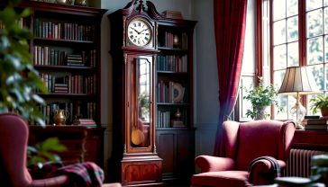 A hyper-realistic photograph in the style of a high-end interior design magazine like House & Garden. A magnificent mahogany Georgian grandfather clock stands proudly in the corner of a cosy, book-lined study in a British country house. Soft, warm light from a nearby sash window illuminates the polished wood and ornate brass dial. In the foreground, a wingback chair with a tartan throw is slightly out of focus. The mood is timeless, elegant, scholarly, and deeply peaceful.