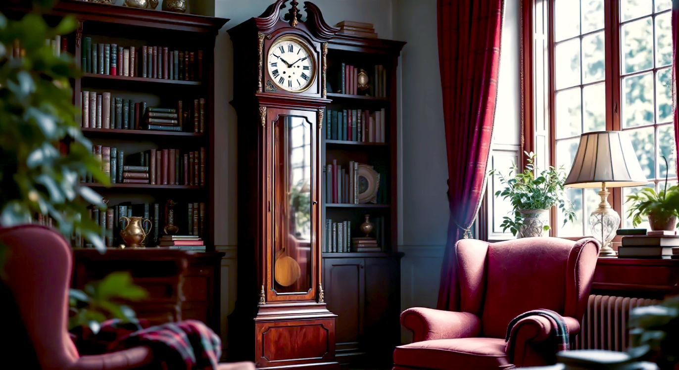 A hyper-realistic photograph in the style of a high-end interior design magazine like House & Garden. A magnificent mahogany Georgian grandfather clock stands proudly in the corner of a cosy, book-lined study in a British country house. Soft, warm light from a nearby sash window illuminates the polished wood and ornate brass dial. In the foreground, a wingback chair with a tartan throw is slightly out of focus. The mood is timeless, elegant, scholarly, and deeply peaceful.