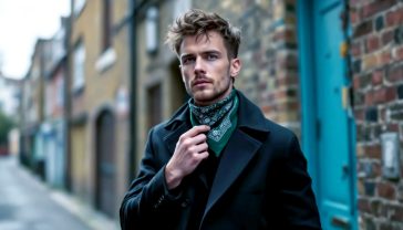 Hyper-realistic photograph, style of a modern fashion editorial. A cool, effortlessly stylish British man in his late 20s with a classic rock vibe is adjusting a dark green paisley cotton bandana tied around his neck. He's standing in a quirky, gentrified London side street with old brickwork and a colourful door. Soft, overcast natural lighting. The mood is confident, authentic, and subtly rebellious.