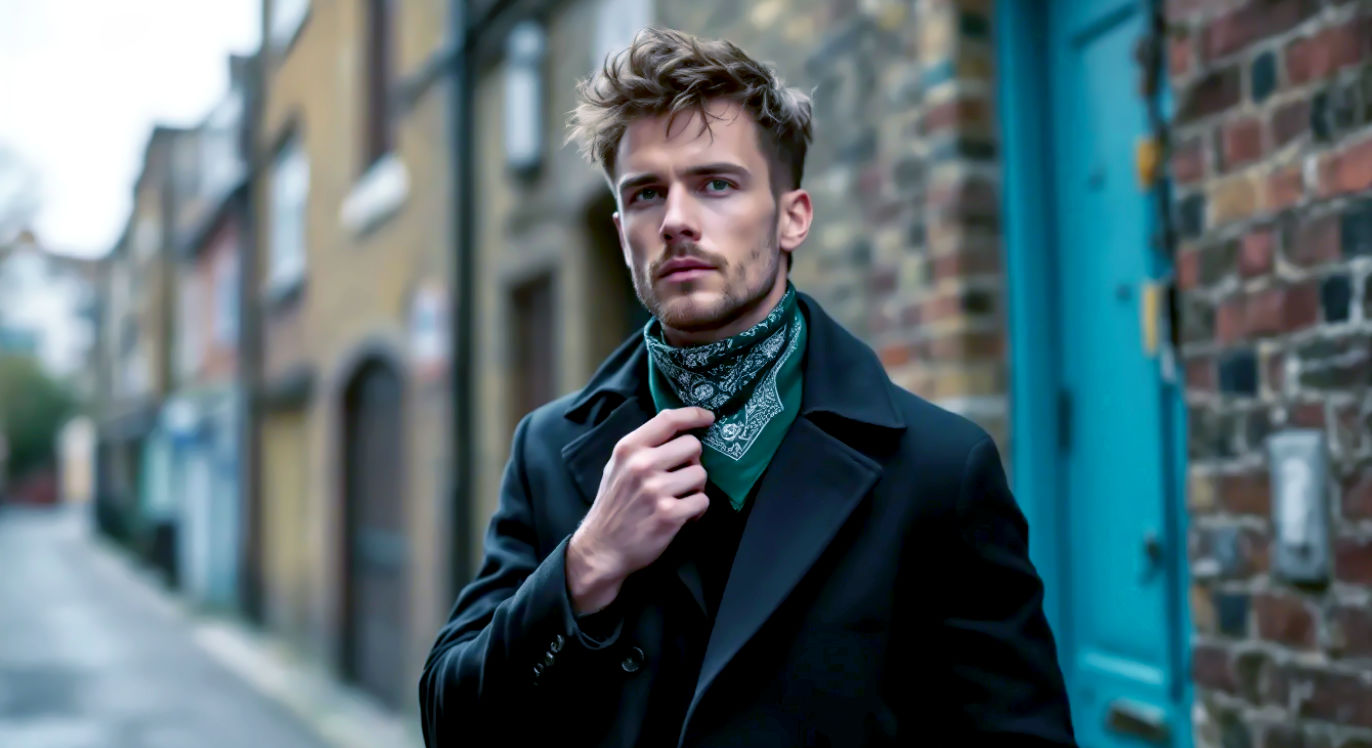 Hyper-realistic photograph, style of a modern fashion editorial. A cool, effortlessly stylish British man in his late 20s with a classic rock vibe is adjusting a dark green paisley cotton bandana tied around his neck. He's standing in a quirky, gentrified London side street with old brickwork and a colourful door. Soft, overcast natural lighting. The mood is confident, authentic, and subtly rebellious.