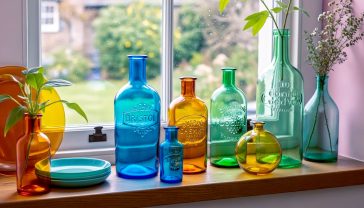 A hyper-realistic photograph in the style of a Country Living magazine feature. An artfully arranged collection of vintage decorative bottles sits on a rustic oak windowsill in a British cottage. The collection includes a vibrant Bristol blue glass bottle, an amber Victorian chemist bottle, and a green Codd-neck bottle. Soft, natural light streams through the window, highlighting the colours and textures of the glass. Outside, a classic English country garden is softly blurred in the background. The mood is nostalgic, warm, and inviting.