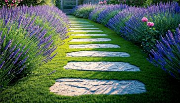 A hyper-realistic, professional photograph in the style of a Gardens Illustrated magazine feature. The image captures a charming, meandering stepping stone path made of irregular, weathered Cotswold stone, set into a lush green lawn. The path leads through a classic British cottage garden in full summer bloom, with lavender, roses, and foxgloves spilling over the edges. The lighting is the soft, warm glow of a late afternoon sun, creating long, gentle shadows. The mood is peaceful, nostalgic, and quintessentially English.