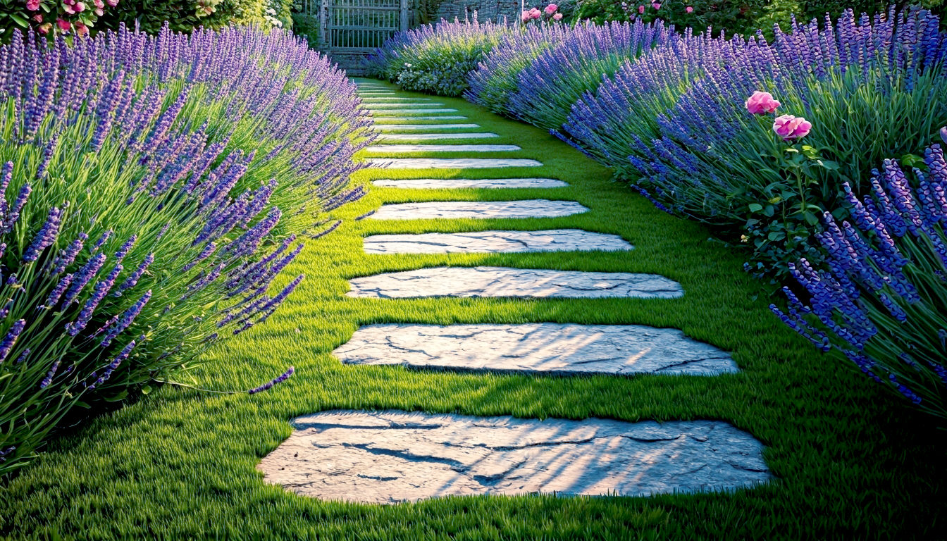 A hyper-realistic, professional photograph in the style of a Gardens Illustrated magazine feature. The image captures a charming, meandering stepping stone path made of irregular, weathered Cotswold stone, set into a lush green lawn. The path leads through a classic British cottage garden in full summer bloom, with lavender, roses, and foxgloves spilling over the edges. The lighting is the soft, warm glow of a late afternoon sun, creating long, gentle shadows. The mood is peaceful, nostalgic, and quintessentially English.