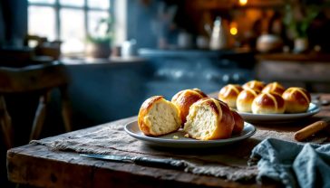 A hyper-realistic, professional photograph in the style of a food magazine. A rustic wooden table in a colonial-era kitchen with soft, natural light from a window. On the table is a batch of freshly baked, golden-brown hot cross buns on a simple ceramic plate. One bun is broken open, showing a fluffy texture. In the background, hints of a hearth and colonial cooking utensils. The mood is warm, historical, and inviting.
