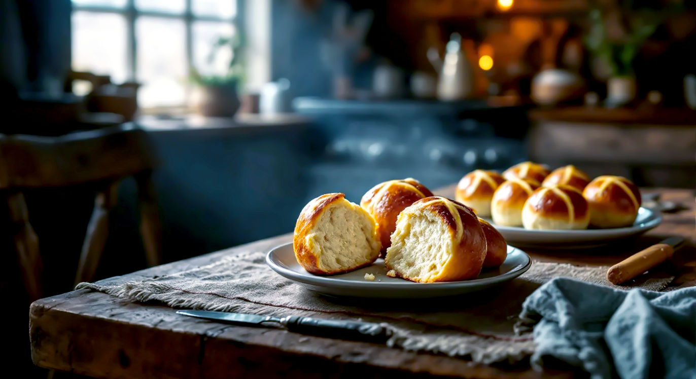 A hyper-realistic, professional photograph in the style of a food magazine. A rustic wooden table in a colonial-era kitchen with soft, natural light from a window. On the table is a batch of freshly baked, golden-brown hot cross buns on a simple ceramic plate. One bun is broken open, showing a fluffy texture. In the background, hints of a hearth and colonial cooking utensils. The mood is warm, historical, and inviting.
