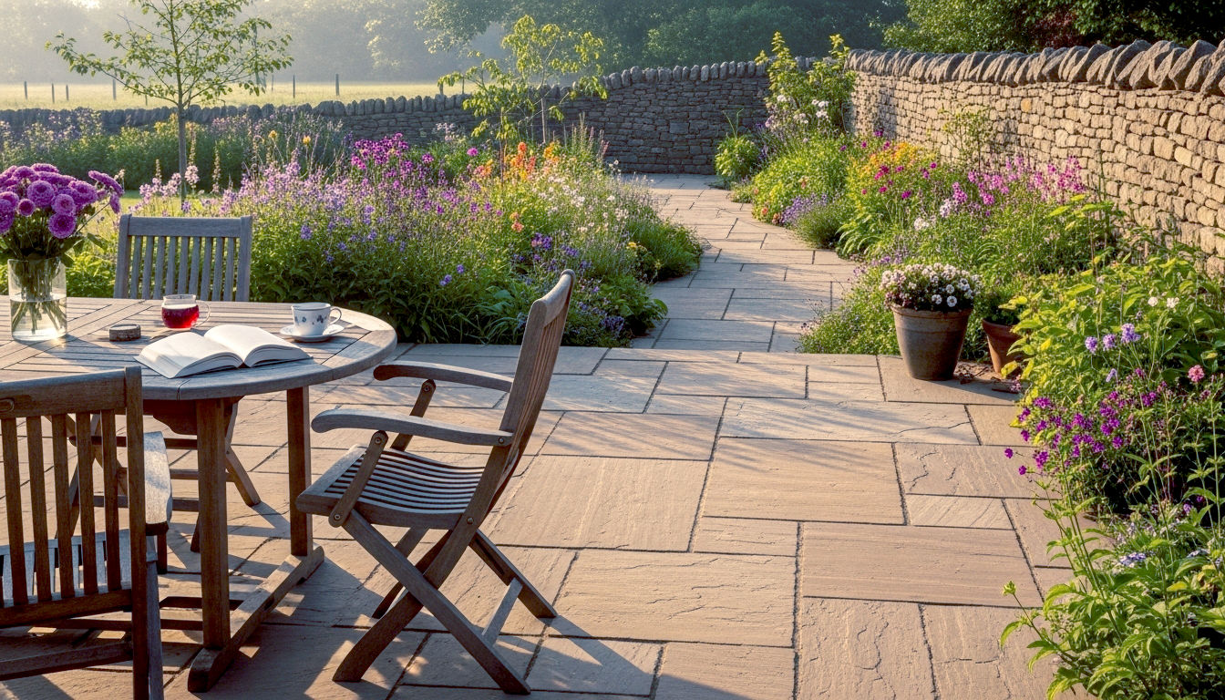 The image shows a beautifully crafted natural stone patio made from warm, honey-coloured Yorkstone, transitioning seamlessly into a lush, classic English country garden. A traditional wooden garden table and chairs sit on the patio, with a half-read book and a cup of tea. In the background, colourful perennials spill over the stone edges, and a weathered dry-stone wall winds its way into the distance. The lighting is soft, early morning golden-hour light, casting long shadows and highlighting the texture of the stone. The mood is peaceful, aspirational, and quintessentially British.
