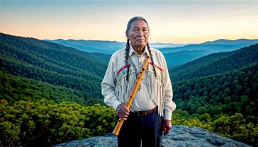 A hyper-realistic photograph in the style of a National Geographic feature. The image captures an elderly Cherokee man in traditional, but not ceremonial, attire (e.g., a ribbon shirt) standing on a scenic overlook in the Great Smoky Mountains at sunrise. The soft, golden light illuminates the misty valleys below. He holds a hand-carved wooden flute, his expression is one of quiet wisdom and resilience. The composition is a medium shot, focusing on the man but with the majestic, ancient mountains serving as a powerful backdrop, evoking a sense of deep history, cultural endurance, and connection to the land.