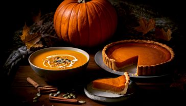 Hyper-realistic, professional food photograph in the style of a rustic cookbook. A cosy, dimly lit kitchen scene with a wooden table. On the table is a steaming, deep-orange bowl of pumpkin soup garnished with cream and toasted seeds, next to a perfectly baked pumpkin pie with one slice cut out. A whole, knobbly Crown Prince pumpkin sits in the background, with scattered autumn leaves and a chunky knit blanket. The lighting is warm and golden, evoking a sense of autumnal comfort and British homeliness.
