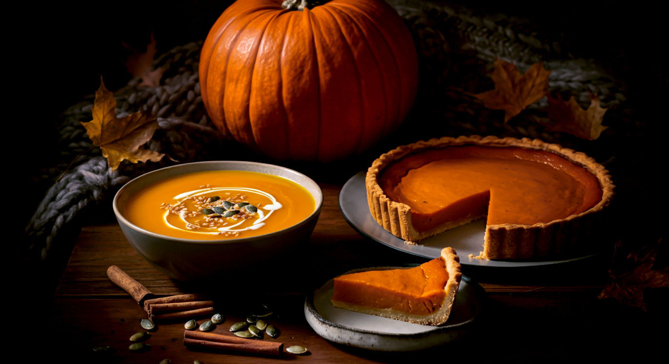 Hyper-realistic, professional food photograph in the style of a rustic cookbook. A cosy, dimly lit kitchen scene with a wooden table. On the table is a steaming, deep-orange bowl of pumpkin soup garnished with cream and toasted seeds, next to a perfectly baked pumpkin pie with one slice cut out. A whole, knobbly Crown Prince pumpkin sits in the background, with scattered autumn leaves and a chunky knit blanket. The lighting is warm and golden, evoking a sense of autumnal comfort and British homeliness.