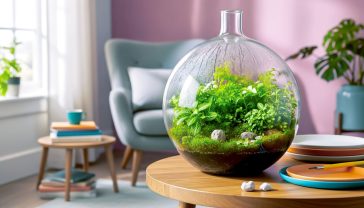 Hyper-realistic professional photograph, style of a modern home decor magazine like 'Livingetc'. A large, elegant glass carboy ecosphere sits on a rustic oak side table next to a window with soft, diffused morning light. Inside, lush green fittonia, delicate ferns, and vibrant moss create a miniature woodland. Gentle condensation traces the inside of the glass. The background is a tastefully blurred British living room with a comfortable armchair and a stack of books. The mood is peaceful, sophisticated, and inspiring.