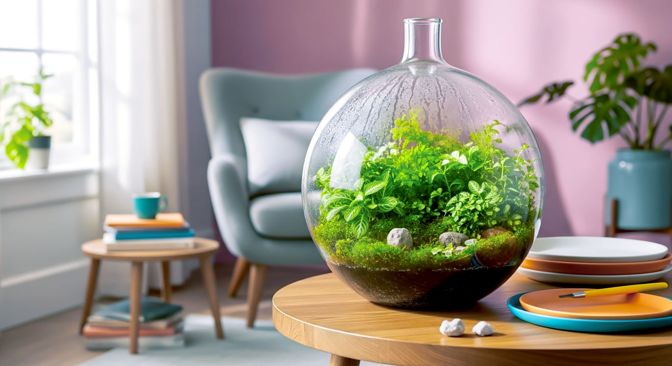 Hyper-realistic professional photograph, style of a modern home decor magazine like 'Livingetc'. A large, elegant glass carboy ecosphere sits on a rustic oak side table next to a window with soft, diffused morning light. Inside, lush green fittonia, delicate ferns, and vibrant moss create a miniature woodland. Gentle condensation traces the inside of the glass. The background is a tastefully blurred British living room with a comfortable armchair and a stack of books. The mood is peaceful, sophisticated, and inspiring.