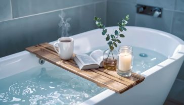 A hyper-realistic photograph in the style of a 'The White Company' catalogue. A beautiful, extendable bamboo bath caddy sits across a pristine white freestanding bathtub filled with bubbly water. On the caddy, there's a steaming mug of tea, an open paperback novel, a single lit candle in a glass jar, and a small vase with a sprig of eucalyptus. The lighting is soft and warm, coming from an off-camera source, creating a serene and inviting atmosphere. The bathroom is minimalist and clean, with soft grey tiles in the background. The mood is one of ultimate relaxation and modern British luxury.