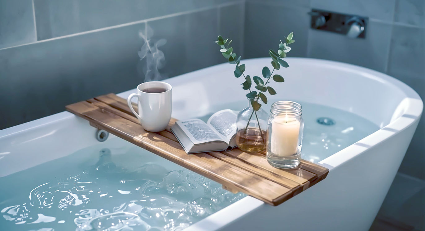 A hyper-realistic photograph in the style of a 'The White Company' catalogue. A beautiful, extendable bamboo bath caddy sits across a pristine white freestanding bathtub filled with bubbly water. On the caddy, there's a steaming mug of tea, an open paperback novel, a single lit candle in a glass jar, and a small vase with a sprig of eucalyptus. The lighting is soft and warm, coming from an off-camera source, creating a serene and inviting atmosphere. The bathroom is minimalist and clean, with soft grey tiles in the background. The mood is one of ultimate relaxation and modern British luxury.