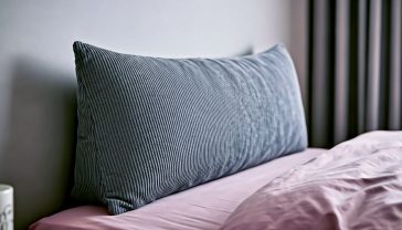 A hyper-realistic, professional photograph in the style of a "The White Company" catalogue. The scene is a cosy, well-lit corner of a modern British bedroom. A person is comfortably propped up in bed against a stylish, grey corduroy backrest pillow, engrossed in a book and holding a mug of tea. Soft, natural morning light streams through a nearby window, illuminating the textured bedding and the steam rising from the mug. The composition is warm and inviting, with a shallow depth of field focusing on the backrest pillow, evoking a sense of ultimate comfort, relaxation, and quiet luxury.