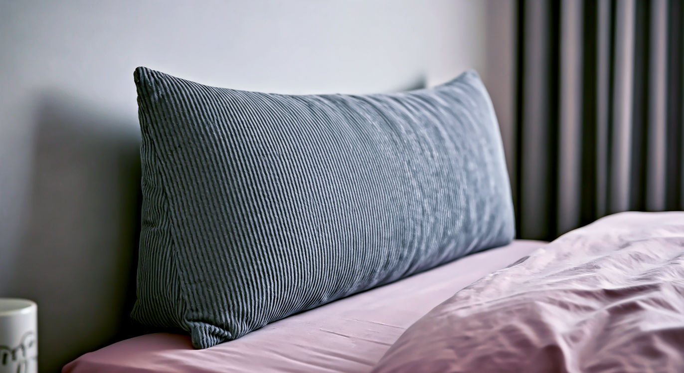 A hyper-realistic, professional photograph in the style of a "The White Company" catalogue. The scene is a cosy, well-lit corner of a modern British bedroom. A person is comfortably propped up in bed against a stylish, grey corduroy backrest pillow, engrossed in a book and holding a mug of tea. Soft, natural morning light streams through a nearby window, illuminating the textured bedding and the steam rising from the mug. The composition is warm and inviting, with a shallow depth of field focusing on the backrest pillow, evoking a sense of ultimate comfort, relaxation, and quiet luxury.