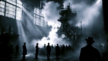A hyper-realistic, professional photograph in the style of a historical documentary still. An enormous, dimly lit 19th-century paper mill interior in New York. Steam billows from a massive Fourdrinier machine in the centre. Workers in period clothing watch the machine intently. The lighting is dramatic, with shafts of light cutting through the hazy air from high windows, creating a moody, industrial atmosphere reminiscent of old black-and-white photography but rendered in muted, realistic colour. The focus is on the sheer scale and power of the machinery.