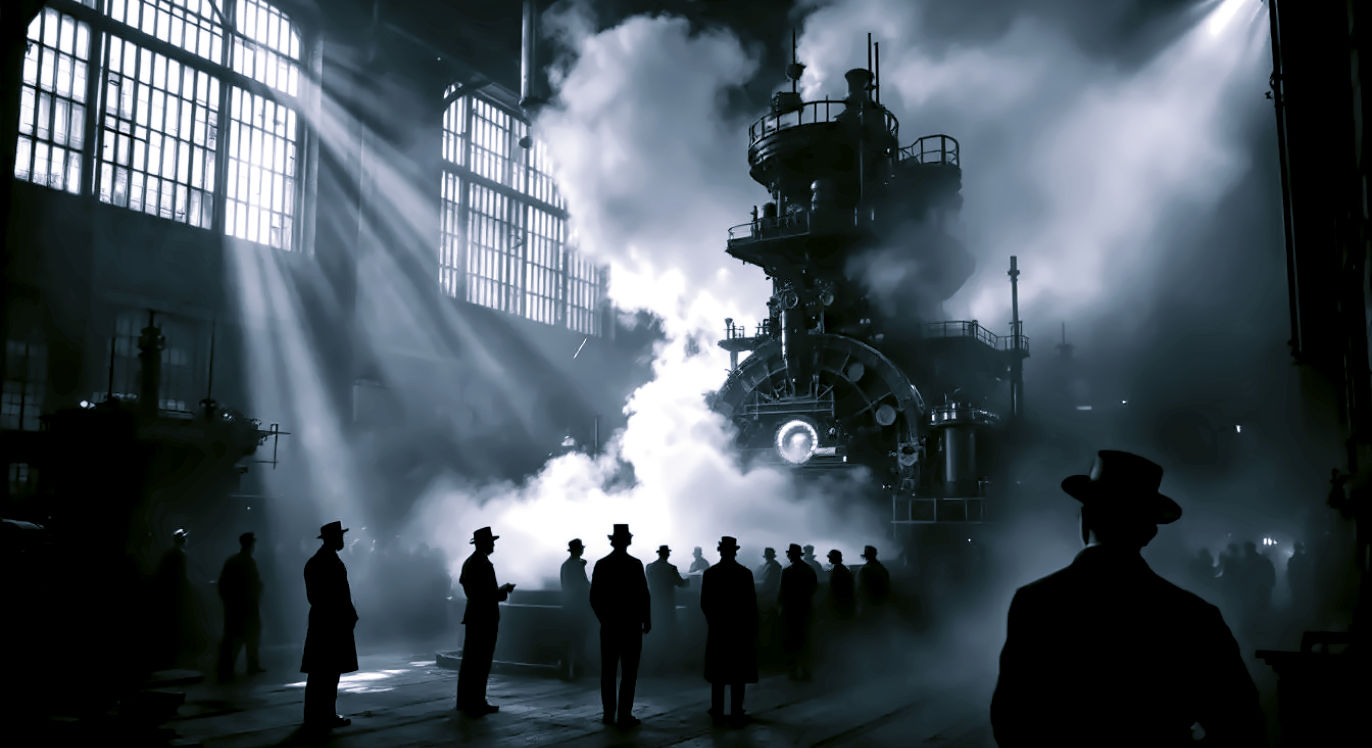 A hyper-realistic, professional photograph in the style of a historical documentary still. An enormous, dimly lit 19th-century paper mill interior in New York. Steam billows from a massive Fourdrinier machine in the centre. Workers in period clothing watch the machine intently. The lighting is dramatic, with shafts of light cutting through the hazy air from high windows, creating a moody, industrial atmosphere reminiscent of old black-and-white photography but rendered in muted, realistic colour. The focus is on the sheer scale and power of the machinery.