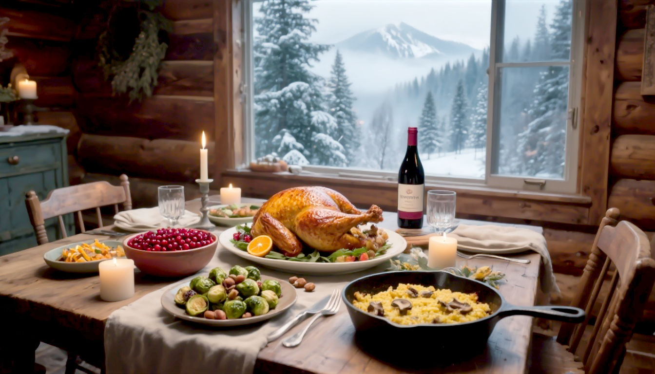 A hyper-realistic, professional photograph capturing a rustic yet modern Thanksgiving table set inside a cosy, wood-panelled cabin in the Cascade Mountains of Washington State. The style should be warm and inviting, reminiscent of a feature in Kinfolk or Cereal magazine.