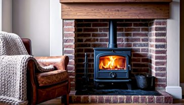 A hyper-realistic, professional photograph in the style of a feature in The English Home magazine. The scene is a cosy, stylish British living room on a late autumn afternoon. A classic wood-burning stove is safely installed within a charming exposed brick inglenook, with a gentle, warm fire crackling inside. On the simple oak mantelpiece sits a small vase of seasonal foliage. To the left of the fireplace is a comfortable, worn leather armchair with a chunky knitted wool throw draped over it. Soft, natural light streams in from a nearby window, illuminating dust motes in the air and highlighting the rich textures of the brick, wood, and leather. The overall mood is one of warmth, comfort, and timeless British country elegance.
