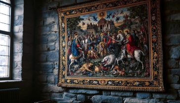 A hyper-realistic, professional photograph capturing a magnificent, richly detailed medieval tapestry hanging on the stone wall of a grand British stately home. The tapestry depicts a vibrant scene of knights and mythical beasts. Soft, directional light from a leaded window illuminates the intricate textures of the woven threads. The mood is one of timeless elegance, history, and craftsmanship. Style of a feature in Country Life magazine.