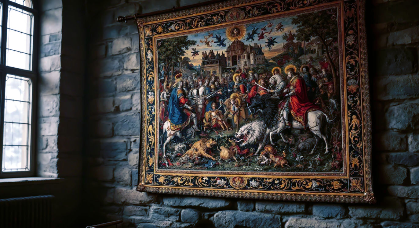 A hyper-realistic, professional photograph capturing a magnificent, richly detailed medieval tapestry hanging on the stone wall of a grand British stately home. The tapestry depicts a vibrant scene of knights and mythical beasts. Soft, directional light from a leaded window illuminates the intricate textures of the woven threads. The mood is one of timeless elegance, history, and craftsmanship. Style of a feature in Country Life magazine.