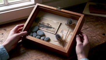 A hyper-realistic photograph in the style of a warm and inviting Country Living magazine feature. The image shows a pair of hands carefully arranging items inside a rustic oak shadow box. Inside the box are a vintage sepia photograph of a British seaside pier, a collection of smooth grey pebbles, a dried thistle, and a faded postcard. The scene is set on a worn wooden workbench, with soft, natural light coming from a nearby window. The mood is nostalgic, warm, and deeply personal, evoking a sense of cherished memories and British heritage.