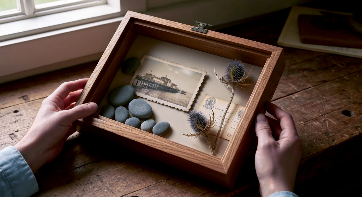 A hyper-realistic photograph in the style of a warm and inviting Country Living magazine feature. The image shows a pair of hands carefully arranging items inside a rustic oak shadow box. Inside the box are a vintage sepia photograph of a British seaside pier, a collection of smooth grey pebbles, a dried thistle, and a faded postcard. The scene is set on a worn wooden workbench, with soft, natural light coming from a nearby window. The mood is nostalgic, warm, and deeply personal, evoking a sense of cherished memories and British heritage.