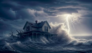 A hyper-realistic, dramatic photograph capturing the immense power of the 1900 Galveston hurricane. The scene shows a massive, dark storm surge wave crashing into a Victorian-era wooden house, splintering it apart. The sky is a tumultuous mix of dark grey and black clouds, lit by a flash of lightning. The lighting is low and menacing, evoking a sense of historical dread and overwhelming force. The style should be like a still from a high-budget historical film, detailed and emotionally impactful.
