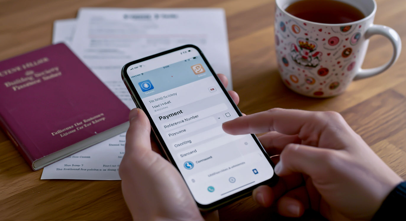A hyper-realistic, professional photograph showing a close-up of a person's hands using a UK banking app on a modern smartphone to make a payment. The screen is clear and shows a "Reference Number" field being filled in. In the background, slightly out of focus, is a building society passbook and a paper statement on a wooden kitchen table, next to a classic British mug of tea. The lighting is soft and natural, creating a trustworthy and helpful mood.