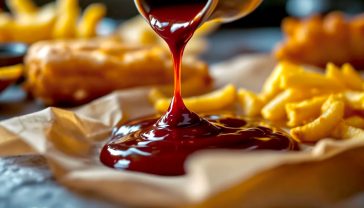 A hyper-realistic, professional food photograph showing a glistening, dark brown OK Sauce being drizzled over a classic British takeaway meal. The scene includes crispy golden spring rolls, perfectly fried chips, and prawn toast arranged on a sheet of traditional chip shop paper. The lighting is warm and inviting, highlighting the glossy texture of the sauce. The background is slightly blurred, suggesting the cosy interior of a local British chippy. Style of a top food blogger like Jamie Oliver.