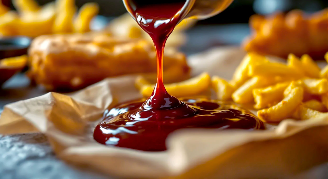 A hyper-realistic, professional food photograph showing a glistening, dark brown OK Sauce being drizzled over a classic British takeaway meal. The scene includes crispy golden spring rolls, perfectly fried chips, and prawn toast arranged on a sheet of traditional chip shop paper. The lighting is warm and inviting, highlighting the glossy texture of the sauce. The background is slightly blurred, suggesting the cosy interior of a local British chippy. Style of a top food blogger like Jamie Oliver.