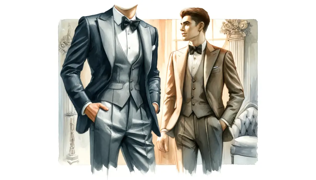 Here is the visual representation highlighting tapered-fit trousers in a formal setting. The painting features two figures at a gala or formal event, one dressed in a modern suit and the other in a tuxedo, both outfitted with tapered-fit trousers. The scene captures the elegance and streamlined look of the attire, set against a refined and luxurious backdrop. This image showcases how well tapered-fit trousers can complement formal wear, adhering to dress codes while offering a contemporary twist.