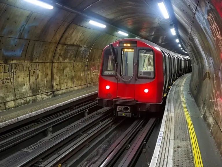 This image depicts a London Underground train stopped in a curved tunnel. The train is a deep red color. The tunnel walls appear to be made of curved concrete segments with visible seams between them. Graffiti is scrawled on parts of the tunnel wall. The tunnel is lit by fluorescent lights running along the ceiling, illuminating the train and tracks. The tracks consist of two steel rails atop wooden railroad ties.