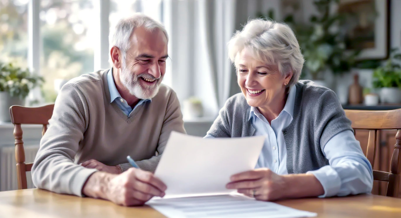 A professional, warm photograph showing a friendly-looking, mature British couple in their late 50s sitting at their wooden dining table, smiling. They are reviewing legal documents together, which are clearly titled 'Last Will and Testament'. Soft, natural light comes from a nearby window, creating a feeling of security, trust, and responsible planning for the future. The style is that of a high-end UK financial advice brochure.