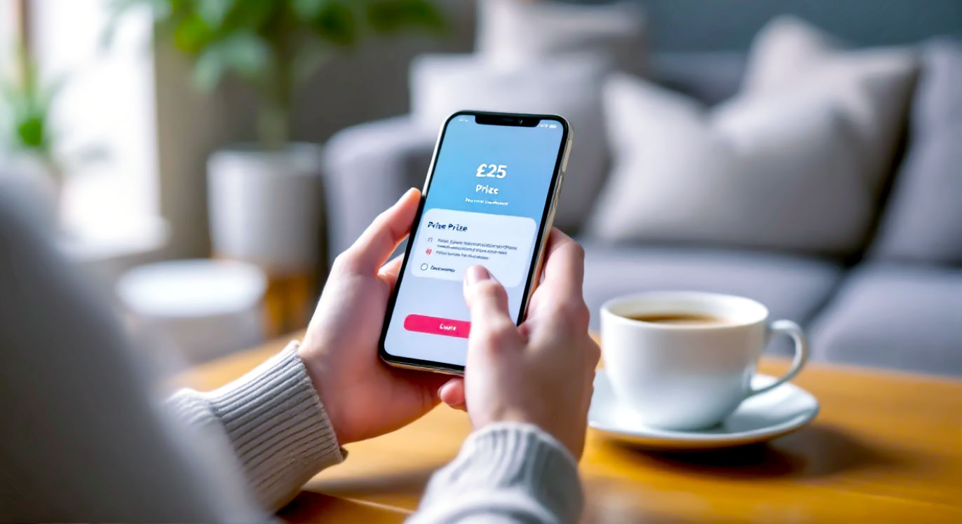 A hyper-realistic, professional photograph in the style of a modern lifestyle magazine. The image shows the hands of a person in their 30s, holding a smartphone displaying the NS&I Premium Bonds prize checker app. The screen shows a "£25 Prize" notification. In the background, softly out of focus, is a cosy British living room with a mug of tea on a wooden coffee table. The lighting is soft and natural, coming from a nearby window, creating a warm, hopeful, and relatable mood. The overall feel is one of quiet, everyday optimism and financial prudence.