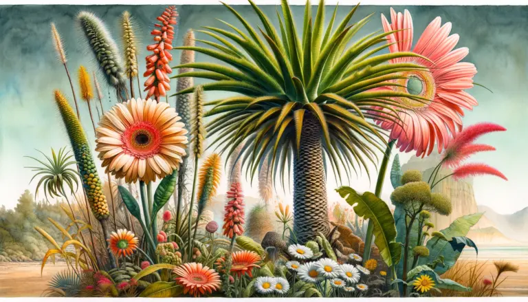 Here is the watercolour painting illustrating a collection of plants beginning with G, featuring the Giant Fishtail Palm and Gerbera daisies. This wide-aspect image captures the diversity of shapes, functions, and adaptations found in the natural world.