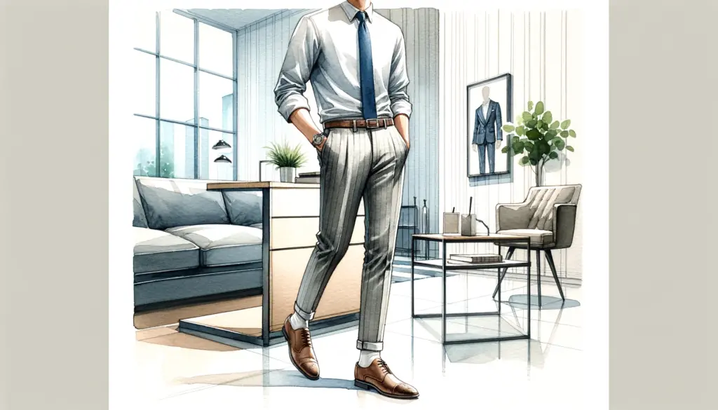 Here's a watercolor painting depicting a stylish scene suitable for the office or a semi-formal event. The image features a person dressed in tapered fit pants, a classic button-down shirt, and dress shoes, embodying a blend of sophistication and comfort. The setting and the attire showcase how well this look works in a professional or semi-formal context, highlighting the practicality and fashionable appeal of the outfit.
