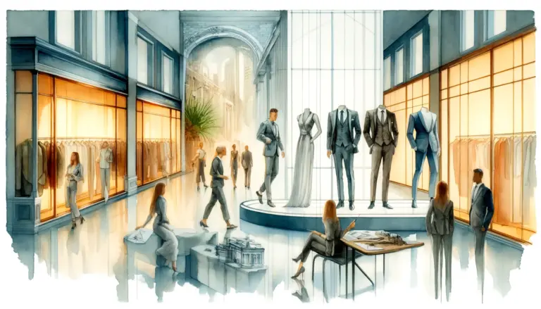 visual interpretation of the concept of "tapered fit" in the fashion world, as depicted through a watercolor painting. The scene captures various figures engaging with this style trend in a sophisticated urban setting, emphasizing the dynamic and evolving nature of fashion. Take a moment to explore the details in the image, reflecting the atmosphere of discovery and fashion-forward thinking.